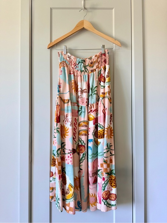 Paper Heart Dresses & Skirts - Paper Heart Smocked Waist Tropical Fruit Linen Blend Midi Skirt with Pockets